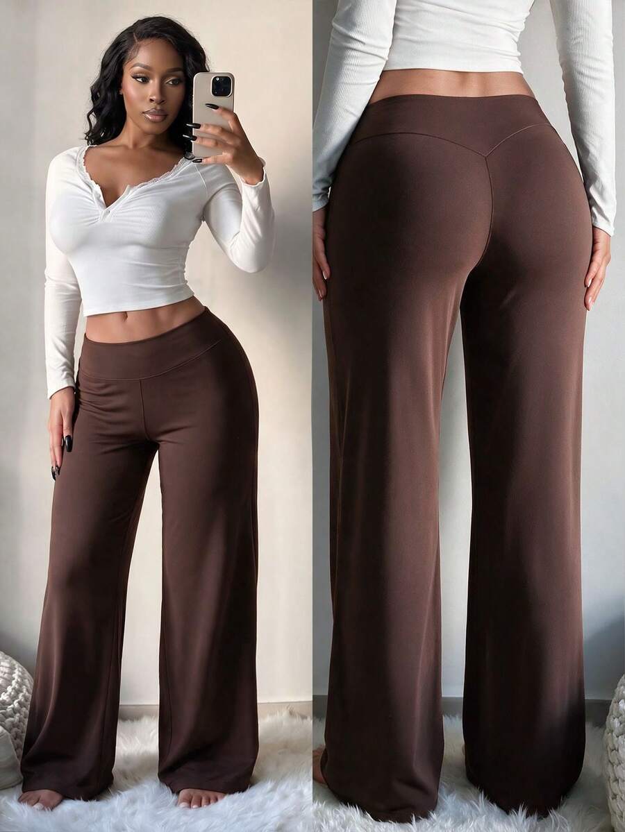 Women's Commuter Sports Elegant Modern Office Solid Color Slim Fit Flare Pants - Coffee Brown - View 1