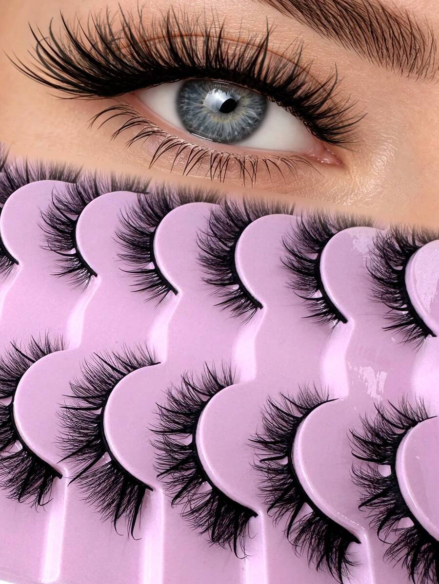 New 7 Pairs Spiky Anime False Eyelashes, Wet Look Cat Eye Eyelashes, Spiky Faux Mink Eyelashes, Thin Fairy Cartoon Eyelashes, Natural Dramatic Strip Lashes, Spiky Style, Like Eyelash Extension Effect, Cosplay Eyelash Extension Set - Black - View 1
