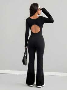 VENORA Women Square Neck Long Sleeve Jumpsuit, Back Cutout Flared Leg One‑Piece Outfit, High Stretch Bodycon Slim Fit Black Jumpsuit For Daily,Fall - Black - View 6