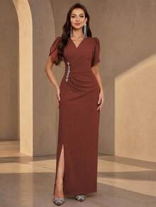Women's Petal Short Sleeve Rhinestone Decor Formal Evening Gown, Party Wedding Guest - Redwood - View 1