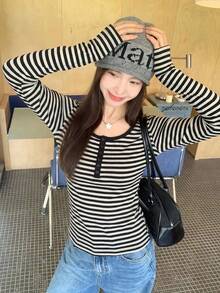 Striped Button Long Sleeve T-Shirt Women Early Autumn 2026 New Slim Fit Flattering Base Layer Top - Apricot Black Stripes - View 1
