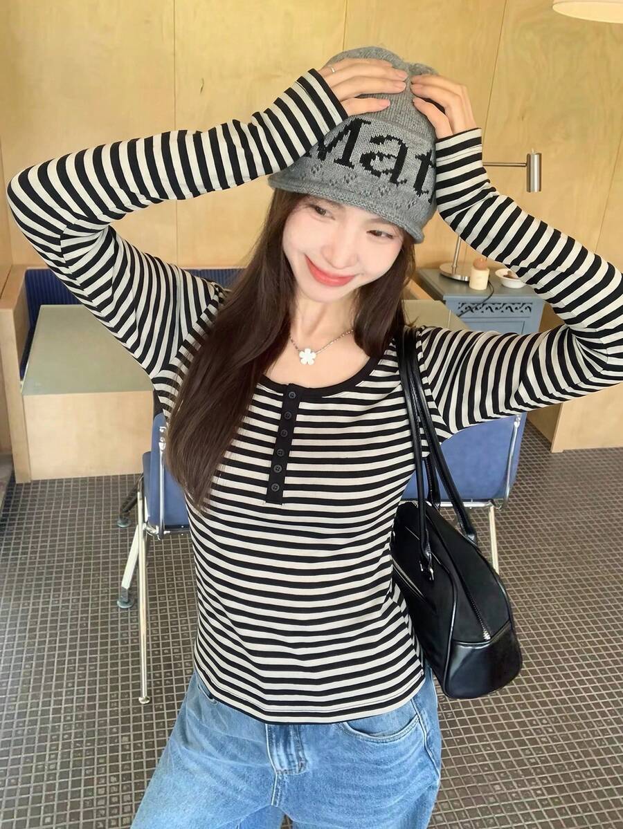Striped Button Long Sleeve T-Shirt Women Early Autumn 2026 New Slim Fit Flattering Base Layer Top - Apricot Black Stripes - View 1