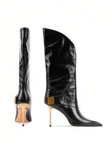 Women's Tall Boots, European And American New Style, Leather Pointed Toe High Heel Long Boots, Thin Heel Riding Boots, Winter - Black - View 4