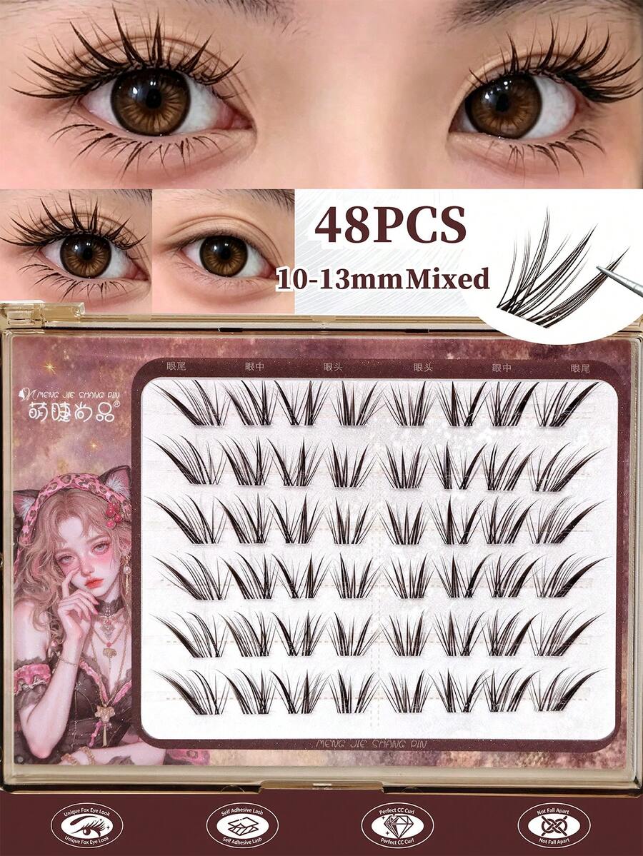 MENGJIESHANGPIN 48 Clusters Deep Brown Tushan Jing Faux Eyelashes Natural Realistic Chinese Fox Style Elongated Eye Tail Beginner Single Cluster Segmented Eyelashes