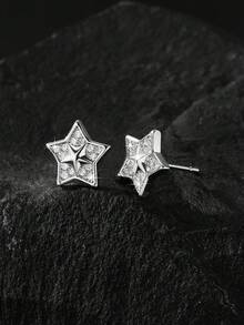 1 Pair/Multi-Style Full Rhinestone Exquisite Five-Pointed Star Stud Earrings, Densely Set Zirconia Silver-Tone Unisex Ear Jewelry, Suitable For Holiday Parties And Daily Wear - Silver - View 7