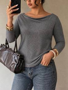 SF0216268468906 Women's One-Shoulder Long-Sleeve Short Top, Bodycon Stretchy Knitted Textured Fabric, Autumn-Winter Plus-Size Top. - Grey - View 4