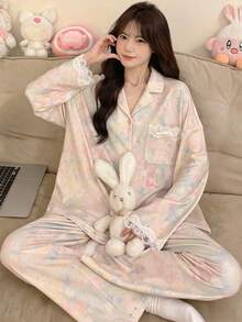 2pcs/Set Women's Pajamas Loungewear Set, Cardigan Lapel Minimalist Random Print Long Sleeve Long Pants, Suitable For All Seasons - Multicolor - View 3