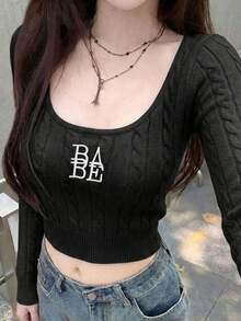 2026 Winter Autumn Women's Black Ribbed Top - Casual Sweet "BABE" Embroidery Wide Strap Fitted Long Sleeveless Blouse For Spring Daily Dating Hangout - Black - View 1