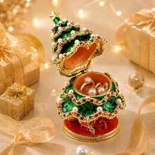 1pc Christmas Tree Hanging Ornament, Vintage Enamel Christmas Tree Shaped Hinged Jewelry Box, Inlaid With Faux Pearls, Crystals And Rhinestones, Both Exquisite Jewelry Storage Box And Ring Holder, Luxury Christmas Home Decor - Multicolor - View 5