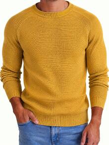 Men's Solid Color Raglan Knit Sweater, Minimalist Textured Crew Neck Long Sleeve Slightly Loose Fit Pullover Base Layer Top For Autumn/Winter - Yellow - View 9