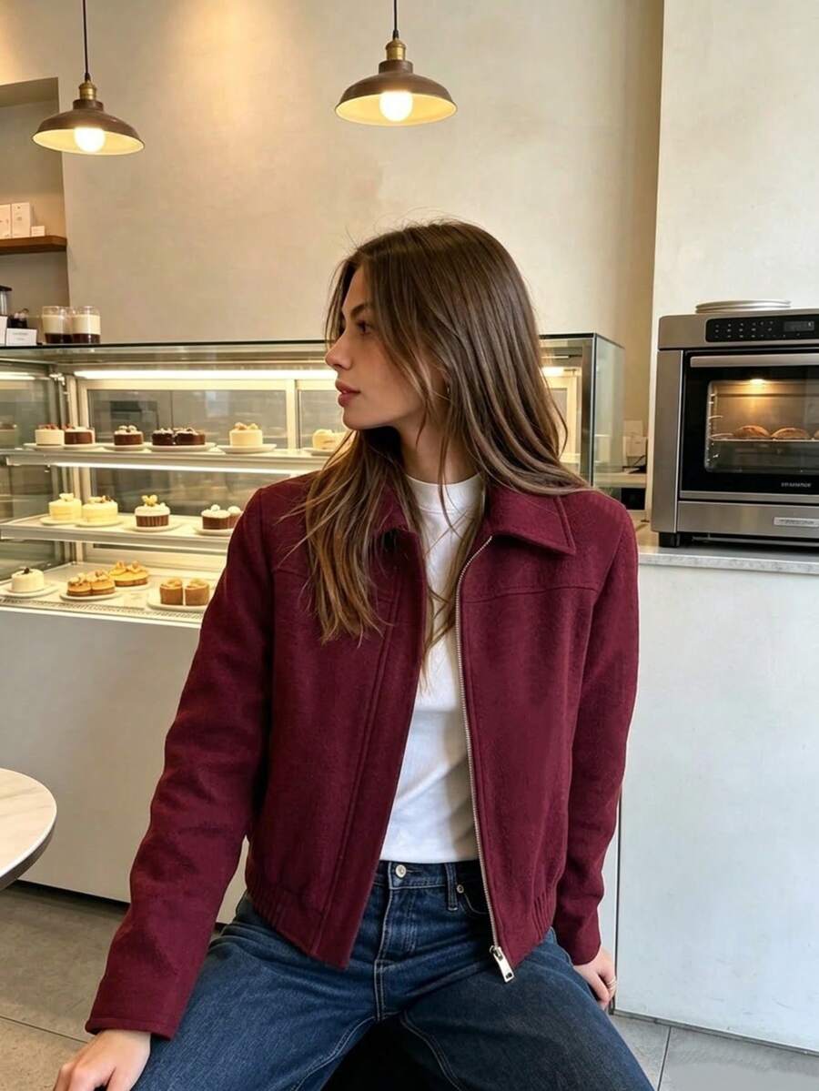 Lapel Short Jacket Top, European And American Style, Versatile Loose Fit, New Zipper Outerwear - Burgundy - View 1