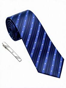 1 Set Men's Business Tie And Tie Clip Set, Fashionable, Sophisticated, Versatile, Suitable For Daily Work, Interview, Party, Gathering, Dinner - Light Blue Diagonal Stripes and Polka Dots - View 3