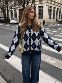 Senya 2026 Women's Diamond Pattern Knit Cardigan, Navy Grey Button Front Sweater, Soft Round Neck Long Sleeve Top, Preppy Old Money Style Autumn/Winter - Grey - View 5