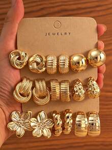 6-18pcs Multi-Element Women's Gold Stud Earrings Set, Fashionable & Personalized, Enhance Charm, Versatile For Daily Wear And Parties - Gold - View 5