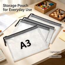 1/5/10pcs A3/A4 Transparent Extra Large Mesh Waterproof Zipper File Bag Document Bag Art Bag, Durable Student And Professional Document Organizer, Ideal For Paper And Test Storage - Black - View 6