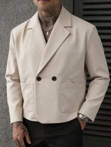 GOLDREDY Korean Style Short Men's Blazer, Premium Double-Breasted Casual Suit Jacket, Loose Fit Lapel Collar, Cool & Edgy - Apricot - View 5