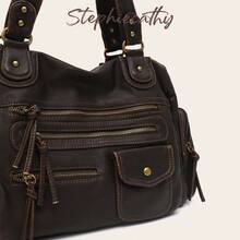 STEPHIECATHY Solid Color Washed PU Leather, Zipper Closure, Multi-Pocket Design, Adjustable Long Strap, Women's Shoulder Crossbody Bag, Casual & Practical - Coffee Brown - View 4