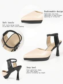 Women's Elegant Apricot Color Patchwork Pointed Toe Pumps, Stiletto Heel Ankle Strap Buckle, Commute And Date High Heels - Apricot - View 6