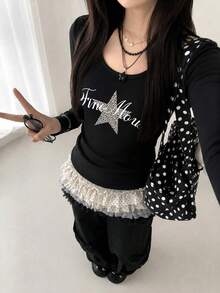 Kaos Wanita Lengan Pendek/Panjang Musim Semi/Gugur Terbaru Generasi Y2K Desain Seru Cetak Bahasa Inggris Gaya Korea Leher U Serbaguna Kasual Slim Fit - Hitam - View 1