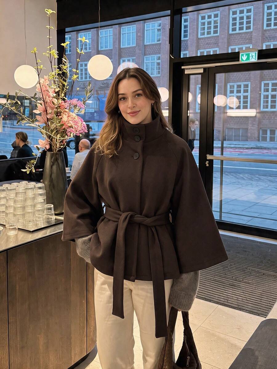 NOVELLE Women's Stand Collar Button Front Tie Belt Wool Coat, Autumn Winter Vintage Bell Sleeve Waist, For Dating, Commute And Daily Going Out - Brown - View 1