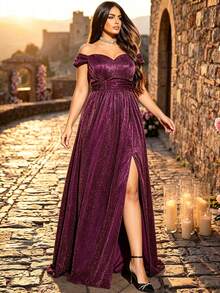 Plus Size Elegant Cold Shoulder Ruched Waist Metallic Thread High Slit A-Line Long Dress, Formal Evening Gown For Party, Wedding, Daily Wear - Hot Pink - View 6