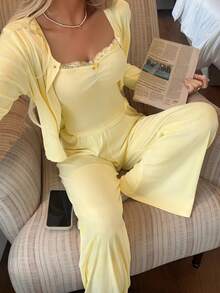 3-Piece Women's Loungewear Set, Lace Patchwork Camisole, Long Sleeve Button-Down Cardigan And Long Pajama Pants, Solid Color Soft Pajama Set - Yellow - View 7