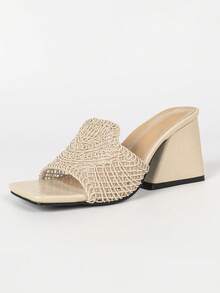 Women's Elegant Woven Breathable Mesh New Style Square Toe Open Toe Slip-On Sandals, Chunky Heel Summer Fashion Comfortable Daily Outdoor Activity Wear High Heel Sandals - Apricot - View 7
