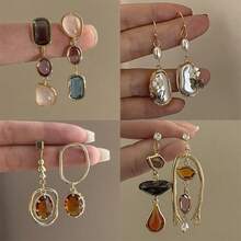 8pcs Vintage Niche Design Asymmetric Zirconia Earrings Set, Daily Wear - Yellow Gold - View 2