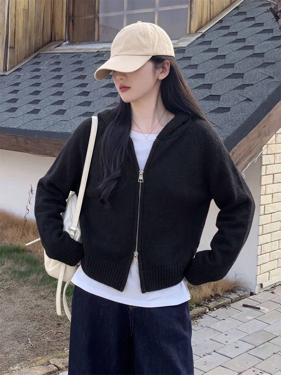 Women's Gray Hooded Double Zipper Sweater Jacket, Retro Loose Style, Thick Knit Cardigan For Autumn/Winter - الأسود - مشاهدة 1