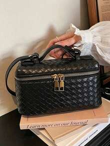 Woven Texture Decor Large Capacity Portable Dual Zipper Closure Vintage Luxury Style Handheld Box Bag, Suitable For Daily Commute, Dating, Girls Crossbody Small Bag, Versatile Personalized High-End Feel Makeup Pouch Fashion Item - Black - View 13