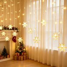1PC 96‑LED Snowflake Curtain String Lights, USB Powered Fairy Night Lamp With 8 Light Modes, Warm / Multicolor / White Light, Hanging Window Backdrop Atmosphere Light For Home Bedroom, Christmas Tree, Holiday, Party, Photography Background Decor - Curtain Lights - View 5
