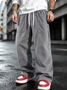 1pc Men's Corduroy Pants, Spring/Autumn, Casual Commute, Loose Fit, Minimalist Fashion, Training, Running, Versatile, Streetwear, Straight Leg - Grey - View 2
