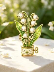 Lily Of The Valley Music Box Shaped Asymmetrical Brooch With Musical Note And Green Leaf Potted Plant Pattern, Fresh Artistic Decorative Accessory For Coat, Scarf And Canvas Bag - A - View 7