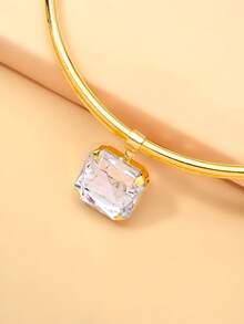 1pc Open Neck Collar Necklace, Square Cut Large Rhinestone Pendant Statement Necklace, Women's Wedding Party Evening Banquet Jewelry - Rhinestones - View 6