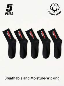5 Pairs Men's Letter Graphic Cotton Crew Socks, Breathable Moisture Wicking Mesh Socks, Color Block Casual Sport Mid Calf Socks For Daily Wear - Multicolor - View 12