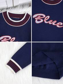 Autumn/Winter Royal Blue Women's Sweater, Colorblock Crew Neck Long Sleeve Letter Print Design, Y2K Street Casual Style, Suitable For Back To School, Music Festivals - Royal Blue - View 7