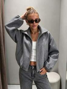 2026 Autumn New Women's Wool Blend Long Sleeve Stand Collar Soft Flight Jacket Coat, Autumn/Winter Top - Grey - View 6