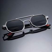 1pc Punk Retro Cool Polygon Concave Fashion Glasses, Double Bridge Style, Suitable For Men And Women Outdoor Sports Party Vacation Travel Photography Props - Black - View 1