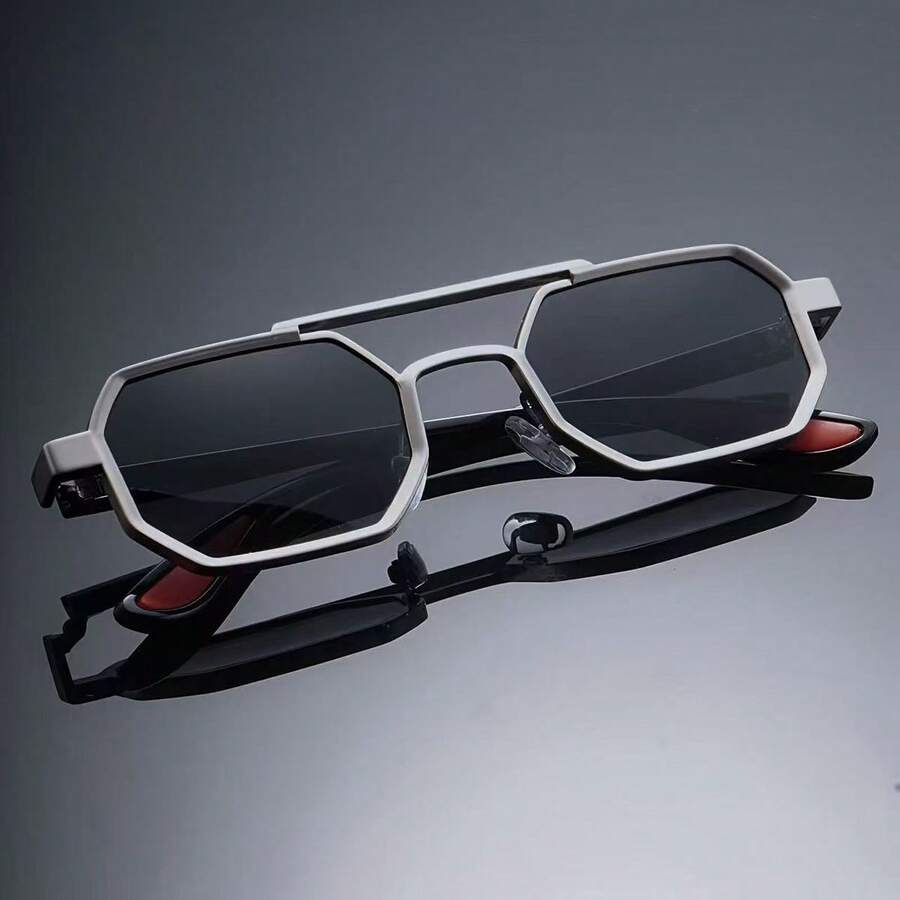 1pc Punk Retro Cool Polygon Concave Fashion Glasses, Double Bridge Style, Suitable For Men And Women Outdoor Sports Party Vacation Travel Photography Props - Black - View 1