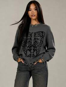 HOMEYEE Women's Autumn/Winter Distressed Skull Jacquard Half-High Neck Sweater, Gray Base With Contrast Color Trim Hem, Loose Lazy Pullover Knit Top For Halloween - Grey - View 11