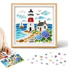 1pc Sea Glass Acrylic Mosaic DIY Kit, Ocean House Pattern, No Glue Needed, With Frame, Handmade Mosaic Art, Living Room Bedroom Desktop Decoration, Commemorative Handmade Gift For Friends - G - View 16