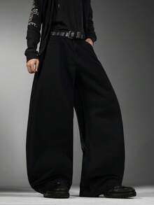 Men's Cool American Wide Leg Jeans, Textured Rhinestone Details, Loose Comfy Versatile All-Season Casual Pants (No Belt & Accessories Included) - Black - View 5