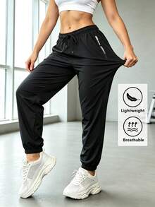Women's Black High Elasticity Running Pants, Long Woven Fabric Sports Trousers With Drawstring And Side Zipper Pockets - Black - View 3