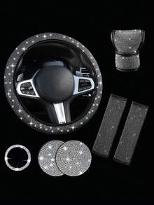 1 SET Car Diamond Steering Wheel Cover, Shiny Rhinestone Seat Belt Cover, Car Cup Holder Mat Combination - Multicolor - View 7
