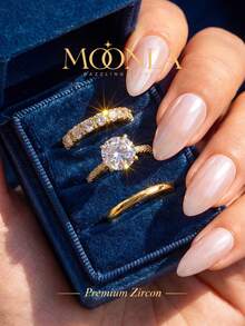 1pc Sparkling Zirconia Ring Set, Women's Engagement Wedding Party Daily Wear Anniversary Jewelry Gift - Gold - View 1