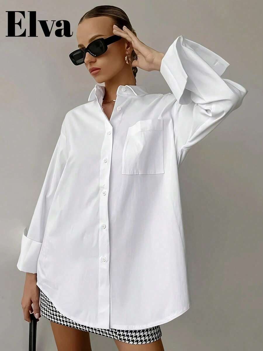 QIANZHIDU Elva Women's Autumn Commute Loose Drop Shoulder Lapel Long Sleeve Shirt, Suitable For Party, Street Style, Outing, Office