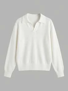 Just Masa Women's Fall Casual POLO Collar Simple Basic Sweater Pullover,Long Sleeve Solid Color Rib-Knit White Top,For Going Out,Office,Daily Wear - White - View 3