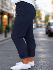 New Arrival Fashion Plus Size Women's Clothing All-Season Versatile Drawstring Casual Long Pants - Navy - View 3
