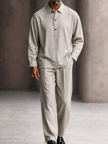 GOLDREDY New Chinese Style Men's Long Sleeve Shirt & Loose Straight Leg Pants 2 Pieces Set, Half-Open Collar Casual - Grey - View 5