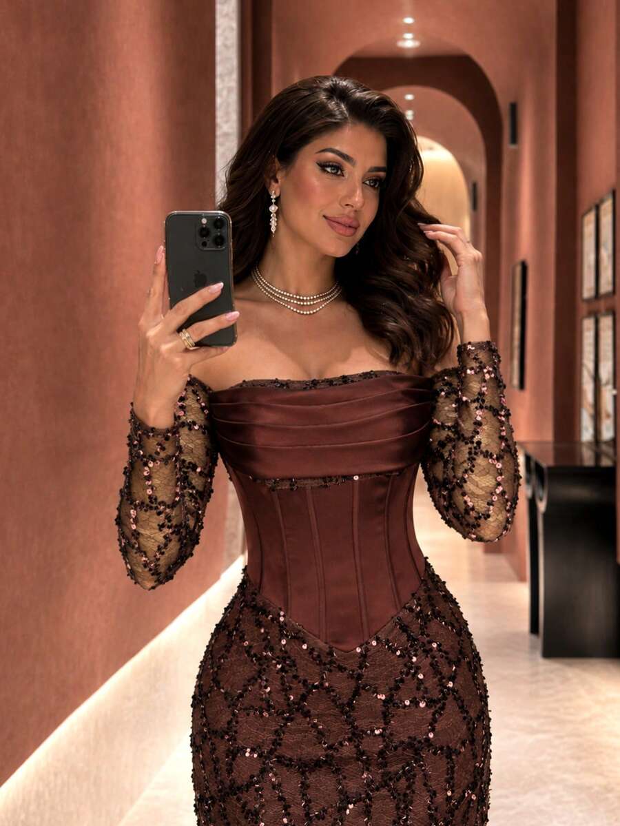 UNITHORSE[Random Cut]Bandeau Long Sleeve Waist-Cinching Satin Patchwork Sequin Evening Dress - Coffee Brown - View 1